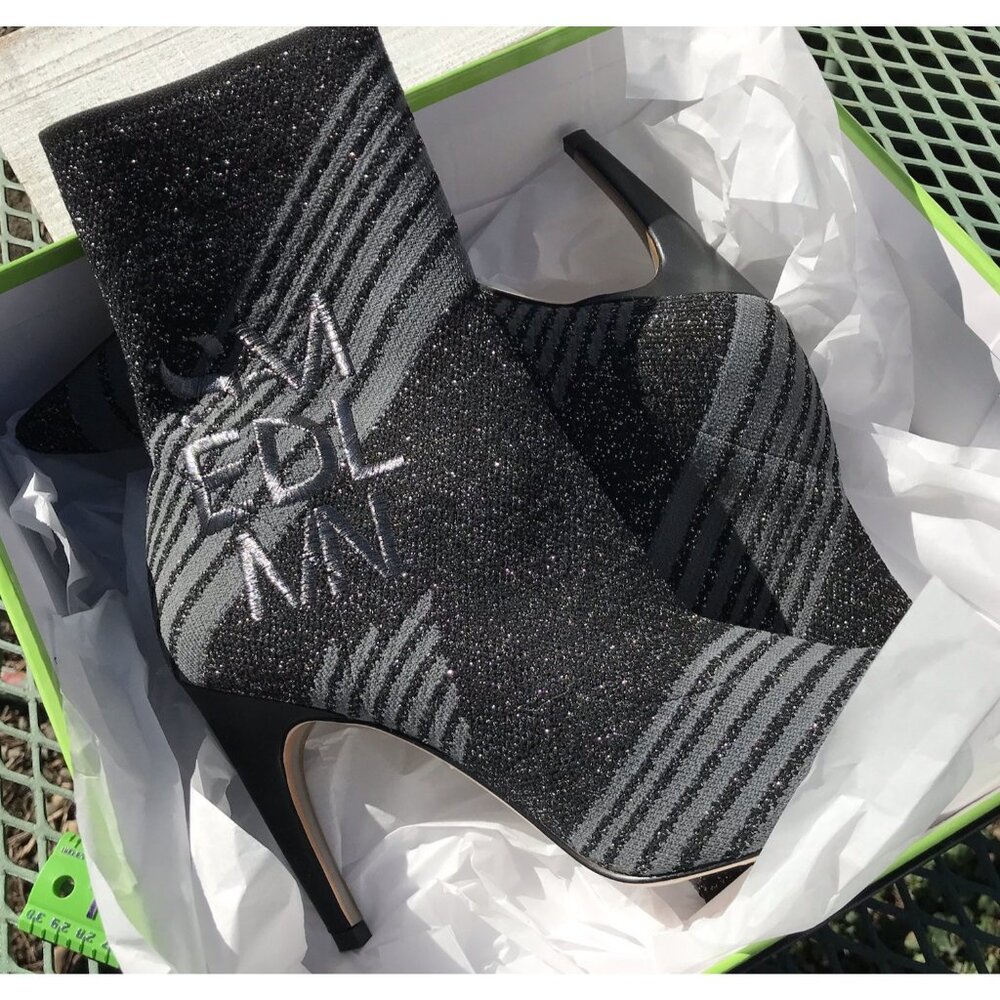 Sam Edelman Women’s Fenya Logo Sock Booties Stilettos Black Met Knit Shoes 8.5